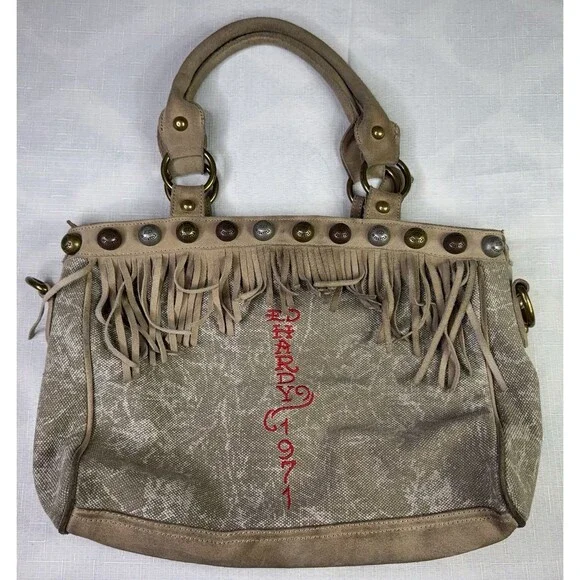 Ed Hardy Fringe Studded Purse Suede Leather Canvas Embroidered Boho Western - Picture 4 of 16